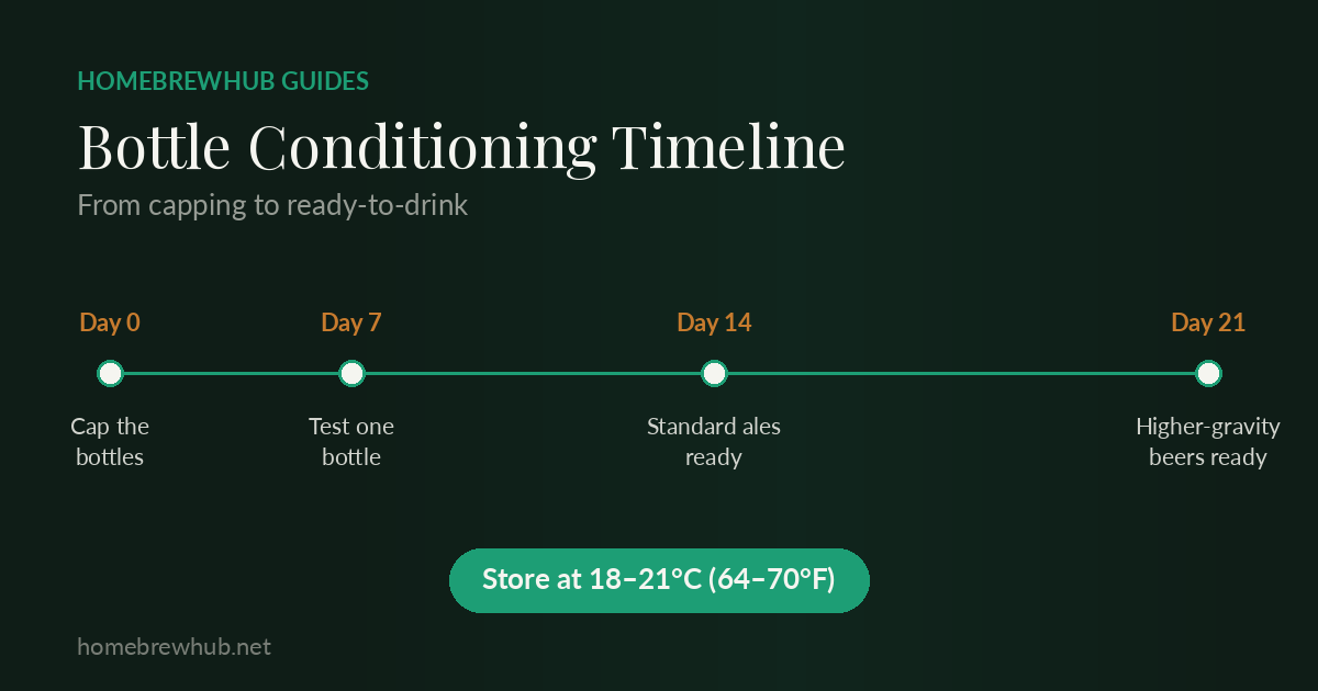 Bottle conditioning timeline: cap on Day 0, test one bottle Day 7, standard ales ready Day 14, higher-gravity beers ready Day 21, stored at 18–21°C (64–70°F)