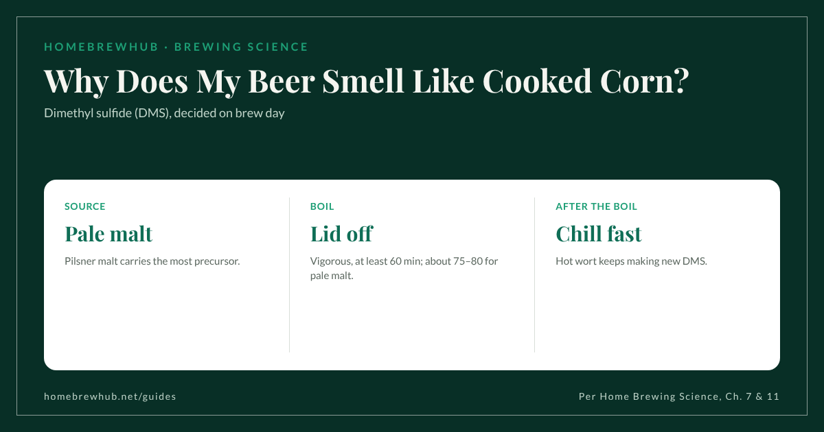 DMS in beer: cooked corn smell from pale malt precursor SMM; fix with a vigorous uncovered boil and fast chilling