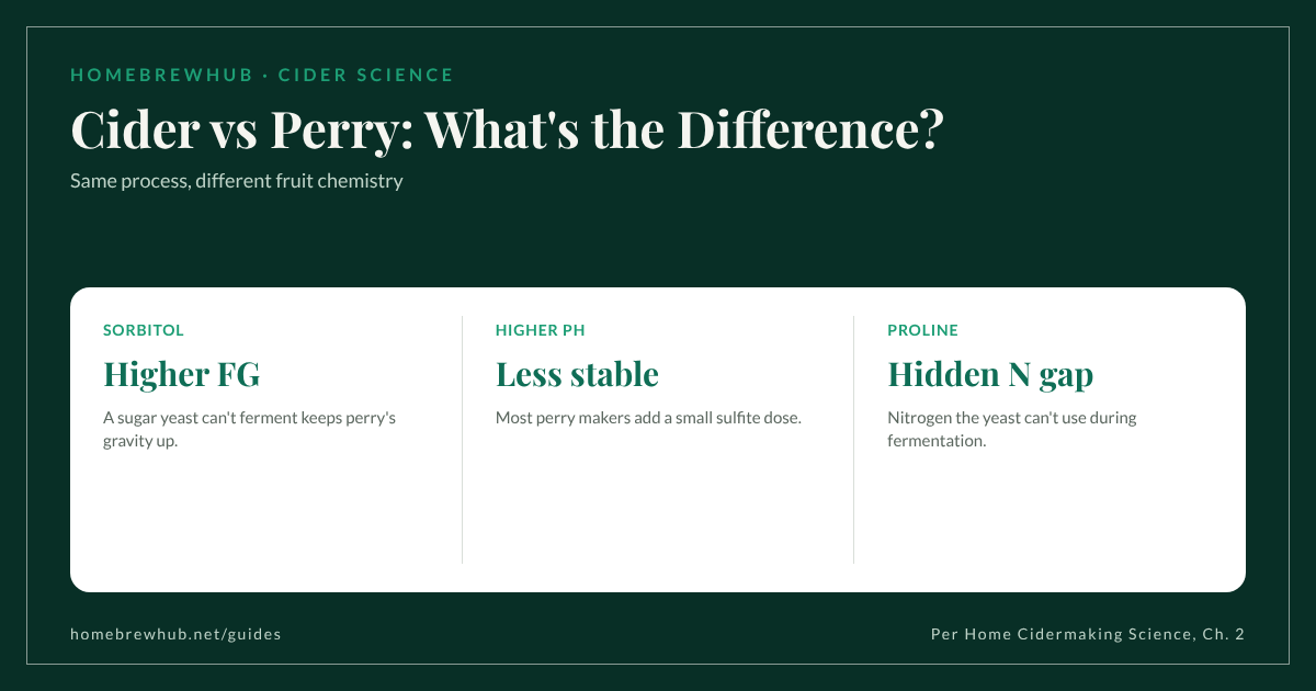 Perry vs cider: sorbitol keeps gravity higher, pH runs higher, proline nitrogen is unusable, blends can turn hazy