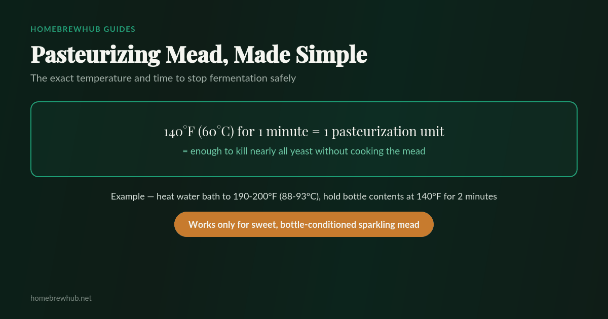 Mead pasteurization: 140 degrees Fahrenheit for 1 minute equals 1 pasteurization unit