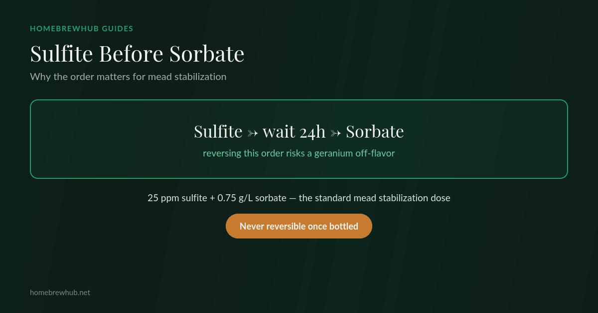 Stabilization order: sulfite, wait 24 hours, then sorbate — reversing the order risks a geranium off-flavor