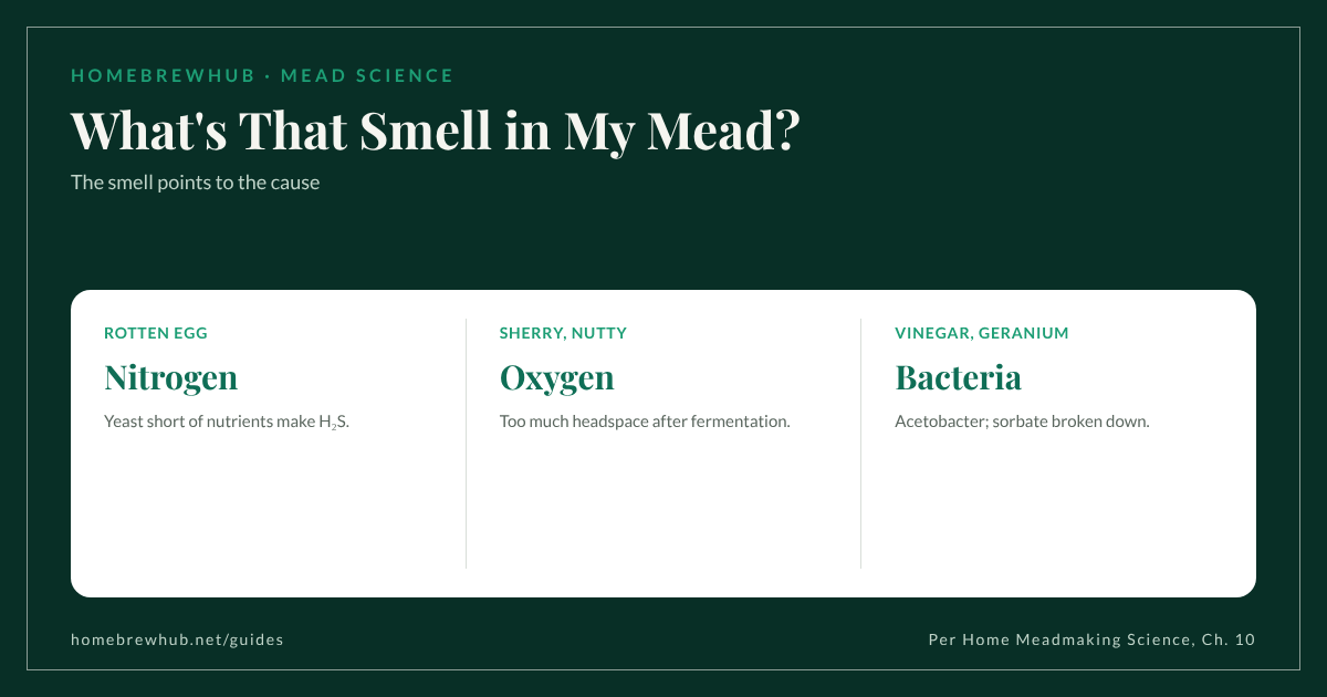 Mead fault chart: rotten egg means low nitrogen, sherry or nutty means oxidation, vinegar means Acetobacter, geranium means sorbate plus bacteria