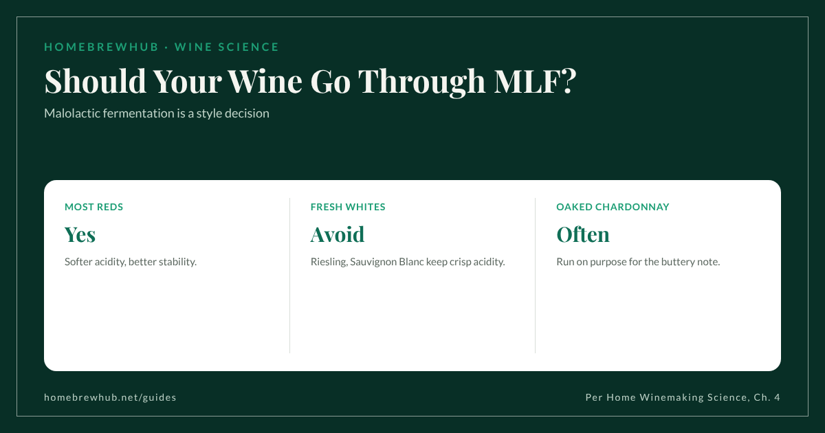Malolactic fermentation by wine style: most reds yes, fresh aromatic whites no, oak-aged Chardonnay often yes