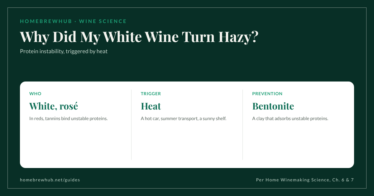 Protein haze in white wine: unstable proteins drop out with heat; bentonite clay adsorbs them; reds rarely affected because tannins bind proteins