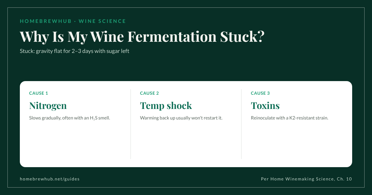 Stuck wine fermentation: check gravity for two to three days; causes are nitrogen deficiency, temperature shock and toxins